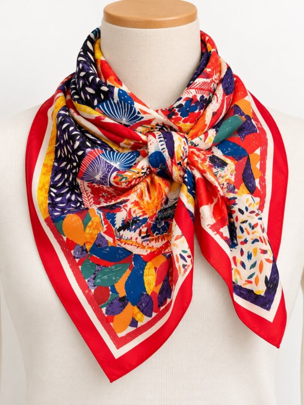 Colorful Abstract Floral Square Scarf with Red Border